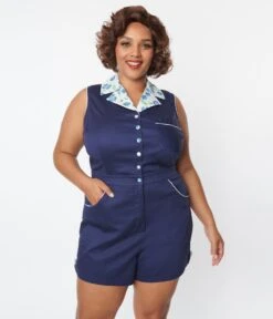 Unique Vintage Plus Size Navy Blue Shelby Romper -Pleaser Clothing Store unique vintage plus size navy blue shelby romper 657719