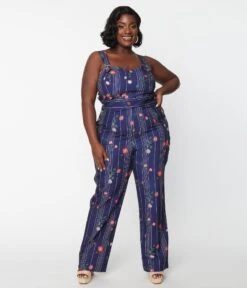 Unique Vintage Plus Size Navy Botanical Sedgewick Jumpsuit -Pleaser Clothing Store unique vintage plus size navy botanical sedgewick jumpsuit 723468