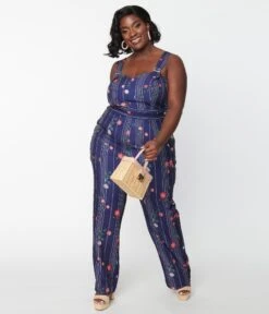 Unique Vintage Plus Size Navy Botanical Sedgewick Jumpsuit -Pleaser Clothing Store unique vintage plus size navy botanical sedgewick jumpsuit 911671