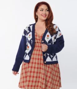 Unique Vintage Plus Size Navy & Duck Argyle Sweater Cardigan -Pleaser Clothing Store unique vintage plus size navy duck argyle sweater cardigan 561439