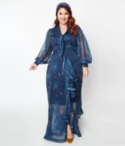 Unique Vintage Plus Size Navy & Golden Galaxy Neck Tie Maxi Dress -Pleaser Clothing Store unique vintage plus size navy golden galaxy neck tie maxi dress 328904