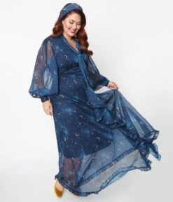 Unique Vintage Plus Size Navy & Golden Galaxy Neck Tie Maxi Dress -Pleaser Clothing Store unique vintage plus size navy golden galaxy neck tie maxi dress 474787