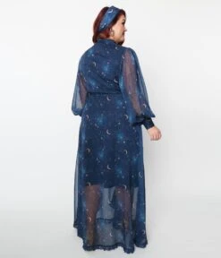 Unique Vintage Plus Size Navy & Golden Galaxy Neck Tie Maxi Dress -Pleaser Clothing Store unique vintage plus size navy golden galaxy neck tie maxi dress 818072