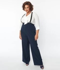 Unique Vintage Plus Size Navy High Waist Suspender Pants -Pleaser Clothing Store unique vintage plus size navy high waist suspender pants 859866