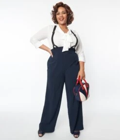 Unique Vintage Plus Size Navy High Waist Suspender Pants