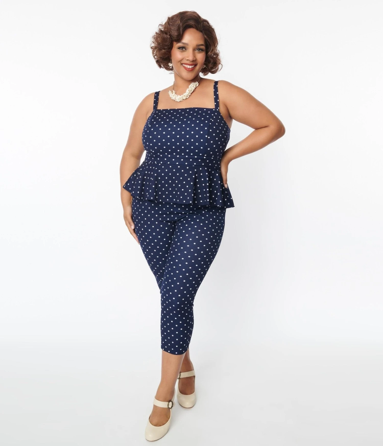 Unique Vintage Plus Size Navy & White Dot Peplum Jumpsuit 1 Unique Vintage Plus Size Navy & White Dot Peplum Jumpsuit