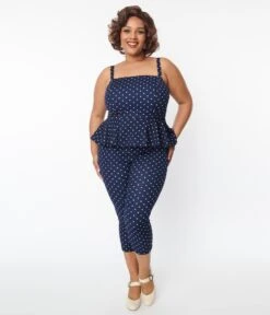 Unique Vintage Plus Size Navy & White Dot Peplum Jumpsuit 10 Unique Vintage Plus Size Navy & White Dot Peplum Jumpsuit -Pleaser Clothing Store unique vintage plus size navy white dot peplum jumpsuit 566229