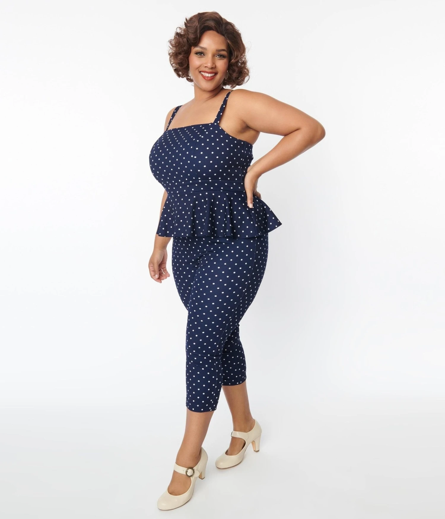 Unique Vintage Plus Size Navy & White Dot Peplum Jumpsuit 3 Unique Vintage Plus Size Navy & White Dot Peplum Jumpsuit - Image 3