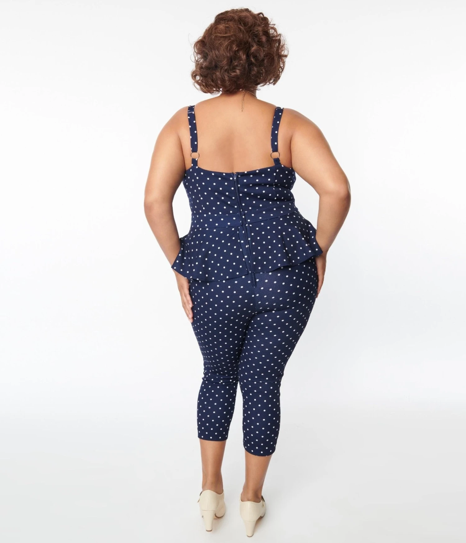 Unique Vintage Plus Size Navy & White Dot Peplum Jumpsuit 2 Unique Vintage Plus Size Navy & White Dot Peplum Jumpsuit - Image 2