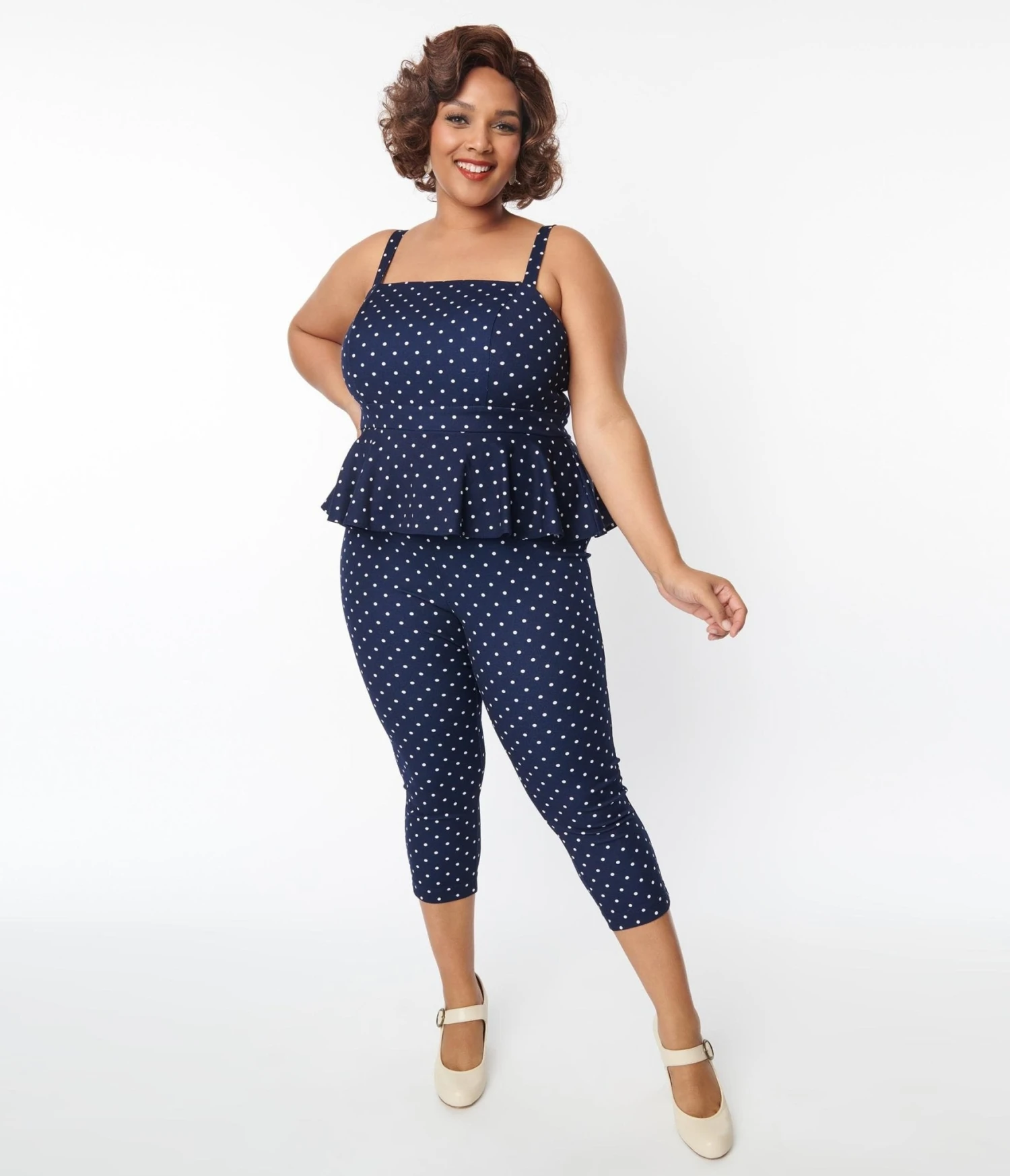 Unique Vintage Plus Size Navy & White Dot Peplum Jumpsuit 4 Unique Vintage Plus Size Navy & White Dot Peplum Jumpsuit - Image 4