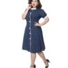 Unique Vintage Plus Size Navy & White Pin Dot Contrast Button Swing Dress
