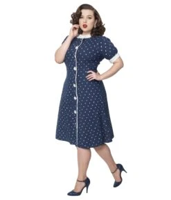 Unique Vintage Plus Size Navy & White Pin Dot Contrast Button Swing Dress