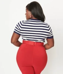 Unique Vintage Plus Size Navy & White Stripe Lobster Sweater -Pleaser Clothing Store unique vintage plus size navy white stripe lobster sweater 426031