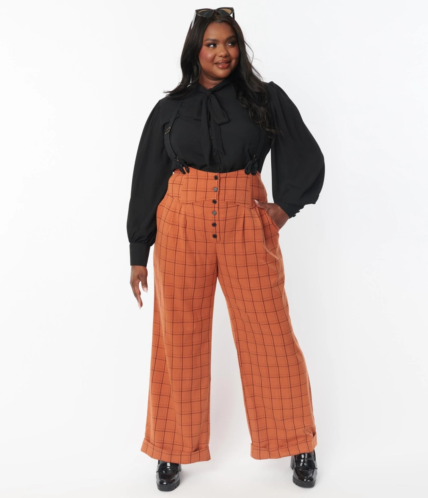 Unique Vintage Plus Size Orange Windowpane Thelma Suspender Pants 4 Unique Vintage Plus Size Orange Windowpane Thelma Suspender Pants - Image 4