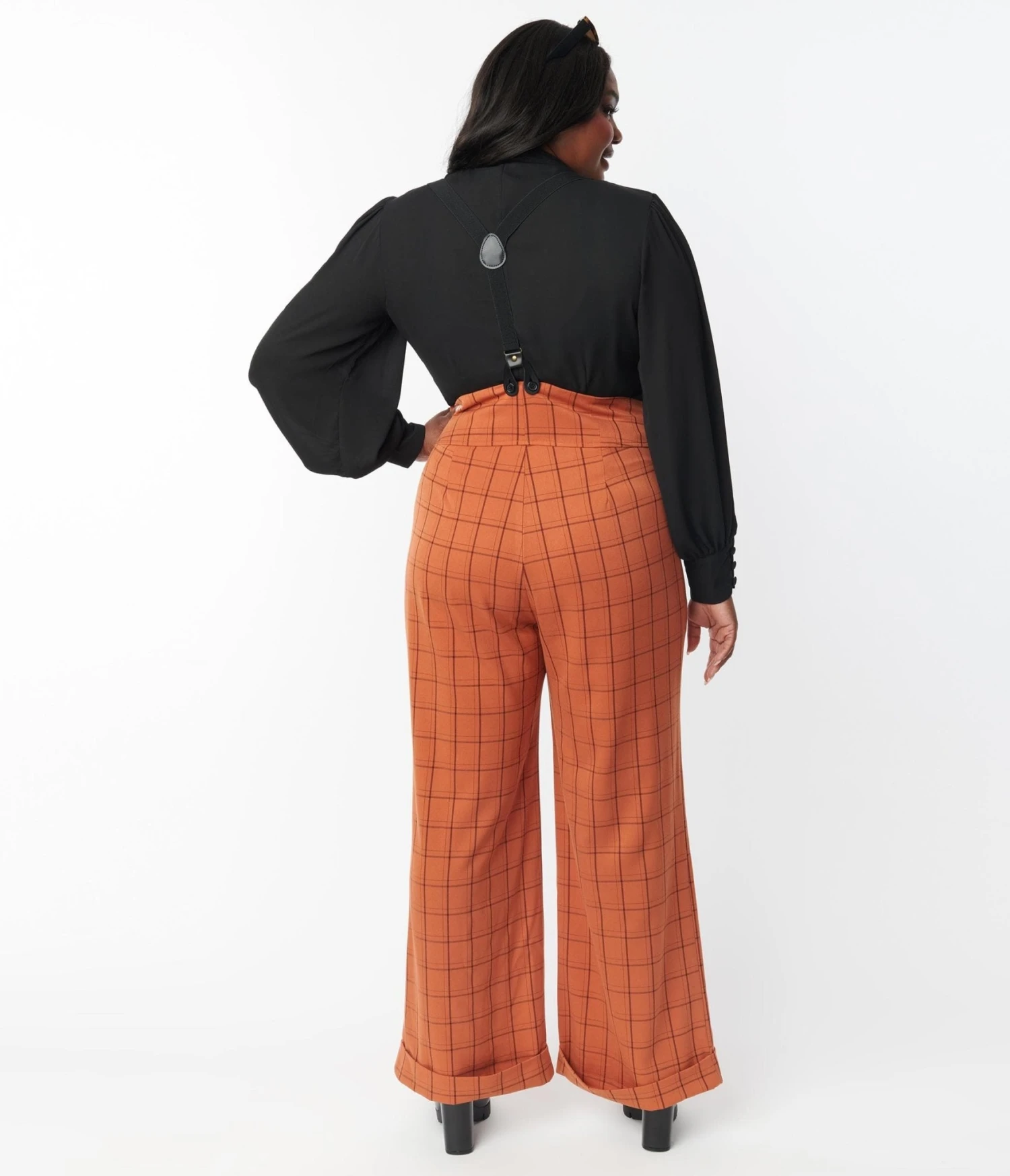 Unique Vintage Plus Size Orange Windowpane Thelma Suspender Pants 2 Unique Vintage Plus Size Orange Windowpane Thelma Suspender Pants - Image 2