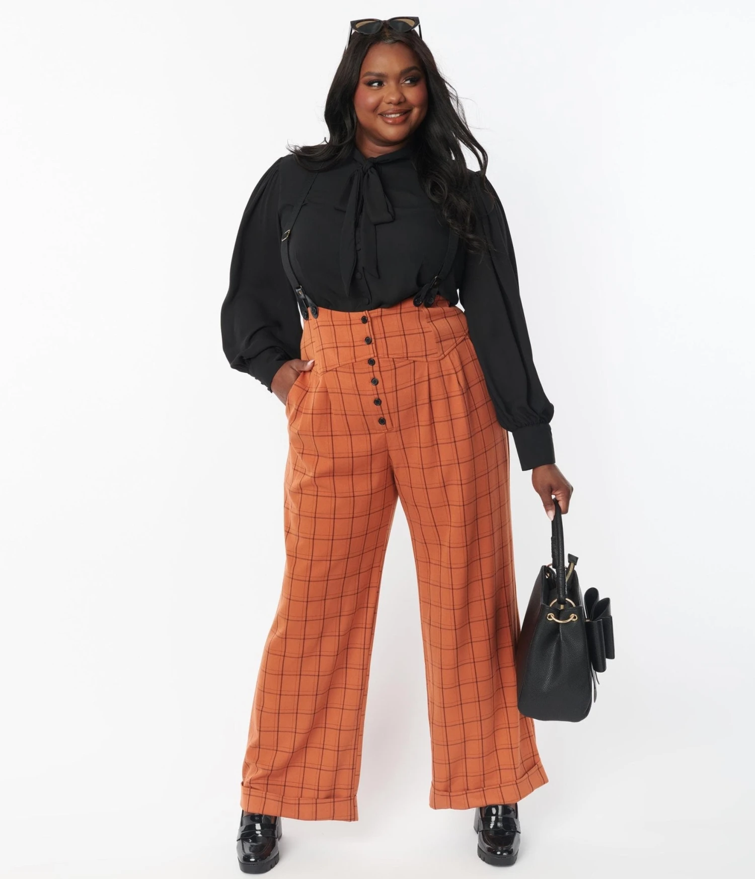 Unique Vintage Plus Size Orange Windowpane Thelma Suspender Pants 5 Unique Vintage Plus Size Orange Windowpane Thelma Suspender Pants - Image 5