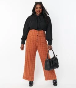 Unique Vintage Plus Size Orange Windowpane Thelma Suspender Pants 8 Unique Vintage Plus Size Orange Windowpane Thelma Suspender Pants -Pleaser Clothing Store unique vintage plus size orange windowpane thelma suspender pants 757098