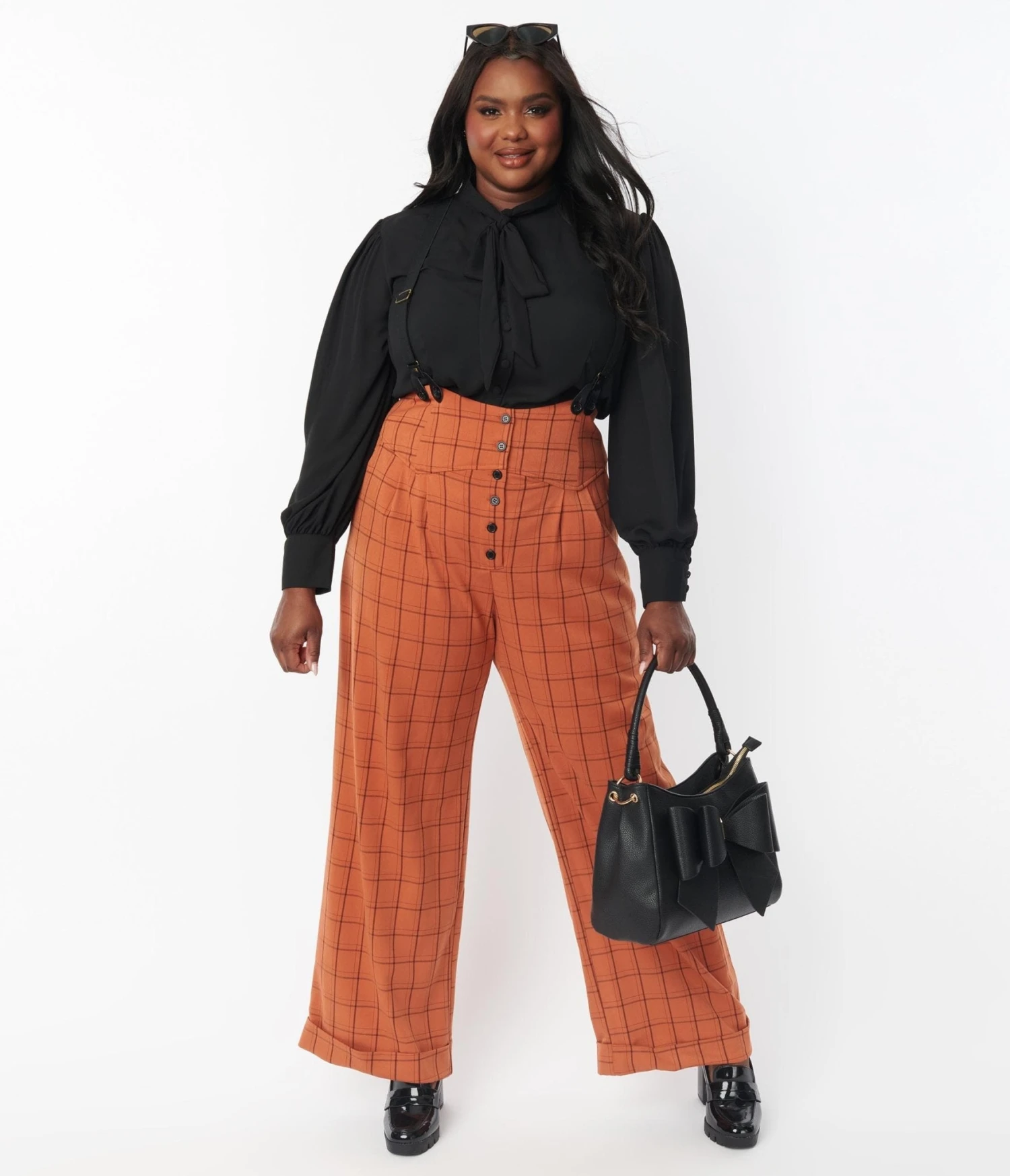 Unique Vintage Plus Size Orange Windowpane Thelma Suspender Pants 3 Unique Vintage Plus Size Orange Windowpane Thelma Suspender Pants - Image 3