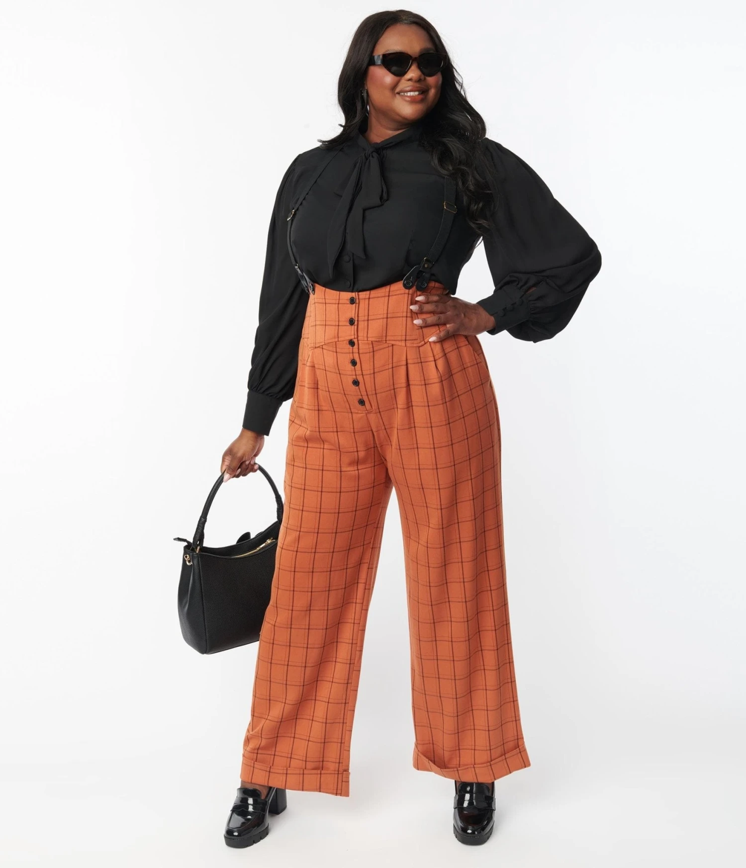 Unique Vintage Plus Size Orange Windowpane Thelma Suspender Pants 1 Unique Vintage Plus Size Orange Windowpane Thelma Suspender Pants