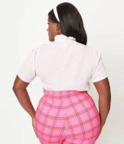 Unique Vintage Plus Size Pale Pink Cherries Pin Tuck Peplum Blouse -Pleaser Clothing Store unique vintage plus size pale pink cherries pin tuck peplum blouse 185347