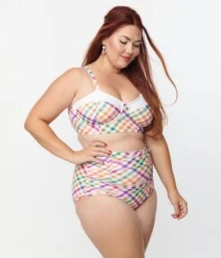 Unique Vintage Plus Size Pastel Madras Gingham Marlene Crop Swim Top -Pleaser Clothing Store unique vintage plus size pastel madras gingham marlene crop swim top 445153