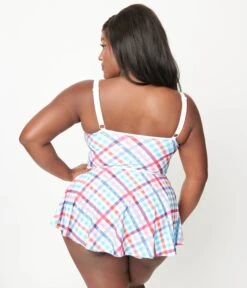 Unique Vintage Plus Size Pastel Madras Plaid Skirted Swimsuit -Pleaser Clothing Store unique vintage plus size pastel madras plaid skirted swimsuit 742823