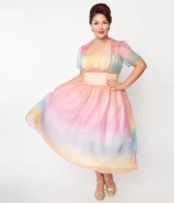 Unique Vintage Plus Size Pastel Rainbow Ombre Libby Swing Dress -Pleaser Clothing Store unique vintage plus size pastel rainbow ombre libby swing dress 786263