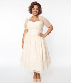 Unique Vintage Plus Size Peach Clip Dot Bridal Libby Swing Dress
