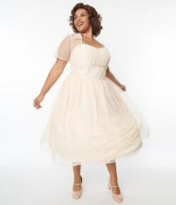 Unique Vintage Plus Size Peach Clip Dot Bridal Libby Swing Dress -Pleaser Clothing Store unique vintage plus size peach clip dot bridal libby swing dress 605384