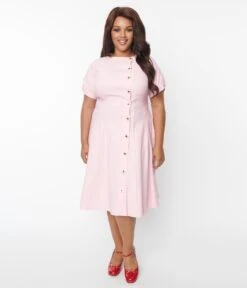 Unique Vintage Plus Size Pink & Heart Button Swing Dress -Pleaser Clothing Store unique vintage plus size pink heart button swing dress 338835