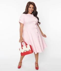 Unique Vintage Plus Size Pink & Heart Button Swing Dress -Pleaser Clothing Store unique vintage plus size pink heart button swing dress 462865