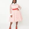 Unique Vintage Plus Size Pink & Red Flocked Hearts Tulle Swing Dress