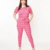 Unique Vintage Plus Size Pink & Red Plaid Skinny Leg Bexley Jumpsuit