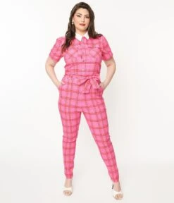 Unique Vintage Plus Size Pink & Red Plaid Skinny Leg Bexley Jumpsuit