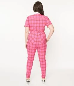 Unique Vintage Plus Size Pink & Red Plaid Skinny Leg Bexley Jumpsuit -Pleaser Clothing Store unique vintage plus size pink red plaid skinny leg bexley jumpsuit 980928