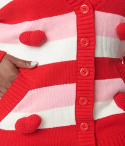 Unique Vintage Plus Size Pink & Red Striped Crochet Hearts Cardigan -Pleaser Clothing Store unique vintage plus size pink red striped crochet hearts cardigan 542783