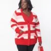 Unique Vintage Plus Size Pink & Red Striped Crochet Hearts Cardigan