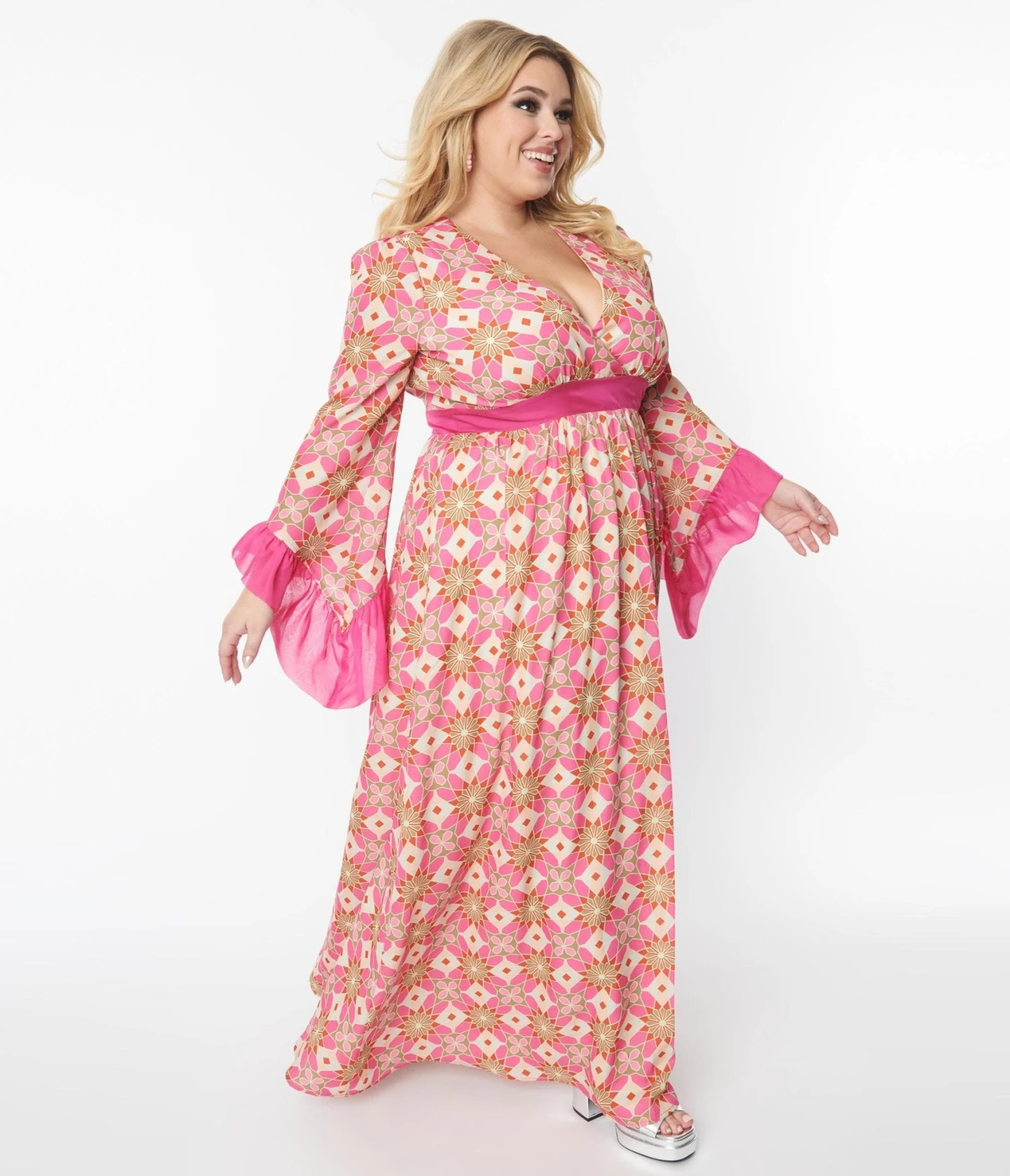 Unique Vintage Plus Size Pink Stained Glass Floral Maxi Dress 1 Unique Vintage Plus Size Pink Stained Glass Floral Maxi Dress