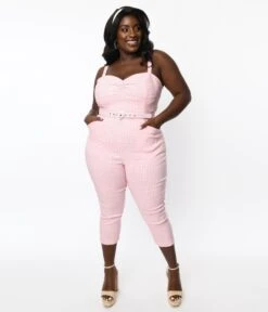 Unique Vintage Plus Size Pink & White Gingham Marcel Jumpsuit -Pleaser Clothing Store unique vintage plus size pink white gingham marcel jumpsuit 661236