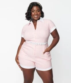 Unique Vintage Plus Size Pink & White Gingham Patsy Romper -Pleaser Clothing Store unique vintage plus size pink white gingham patsy romper 190973