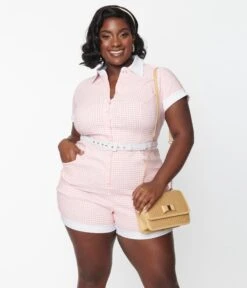 Unique Vintage Plus Size Pink & White Gingham Patsy Romper -Pleaser Clothing Store unique vintage plus size pink white gingham patsy romper 681221