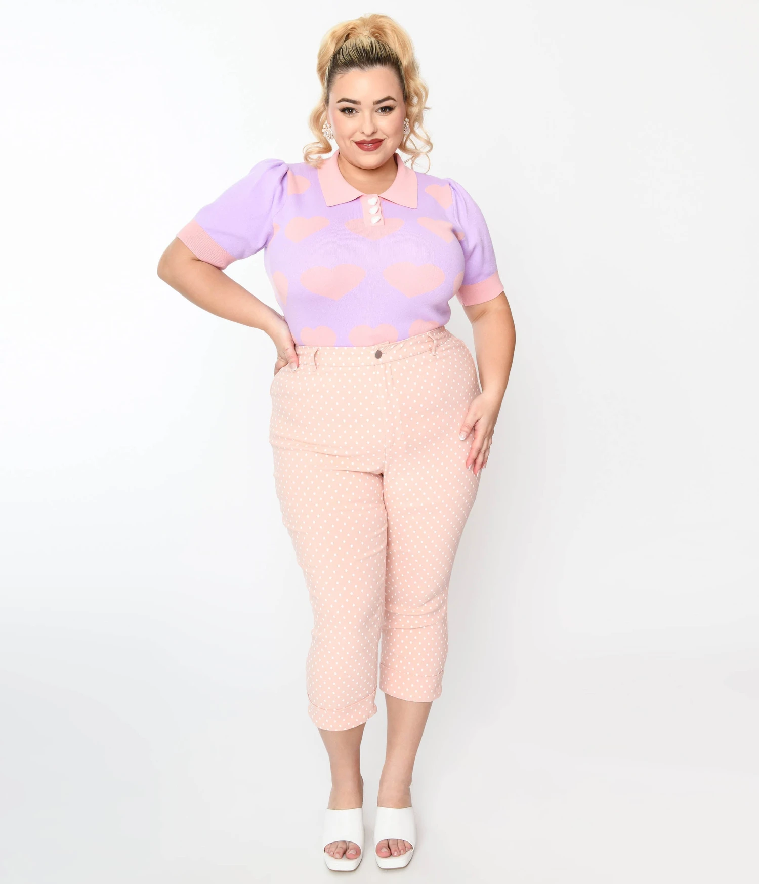 Unique Vintage Plus Size Pink & White Pin Dot Heart Pocket Rachelle Capri Pants 1 Unique Vintage Plus Size Pink & White Pin Dot Heart Pocket Rachelle Capri Pants