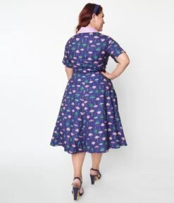 Unique Vintage Plus Size Purple Umbrella Print Swing Dress -Pleaser Clothing Store unique vintage plus size purple umbrella print swing dress 358882