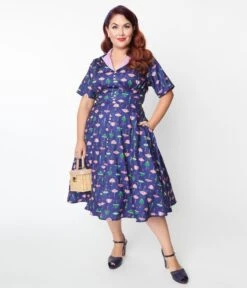 Unique Vintage Plus Size Purple Umbrella Print Swing Dress -Pleaser Clothing Store unique vintage plus size purple umbrella print swing dress 802438
