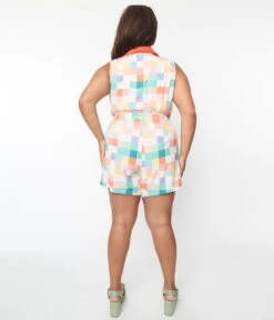 Unique Vintage Plus Size Rainbow Checkered Shelby Romper -Pleaser Clothing Store unique vintage plus size rainbow checkered shelby romper 960131