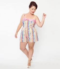 Unique Vintage Plus Size Rainbow Dot Romper -Pleaser Clothing Store unique vintage plus size rainbow dot romper 548347
