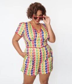 Unique Vintage Plus Size Rainbow Heart Romper -Pleaser Clothing Store unique vintage plus size rainbow heart romper 182443