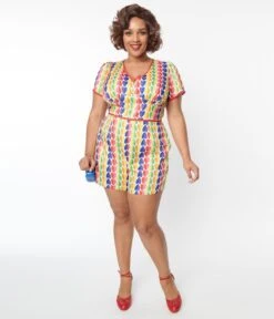 Unique Vintage Plus Size Rainbow Heart Romper -Pleaser Clothing Store unique vintage plus size rainbow heart romper 612709