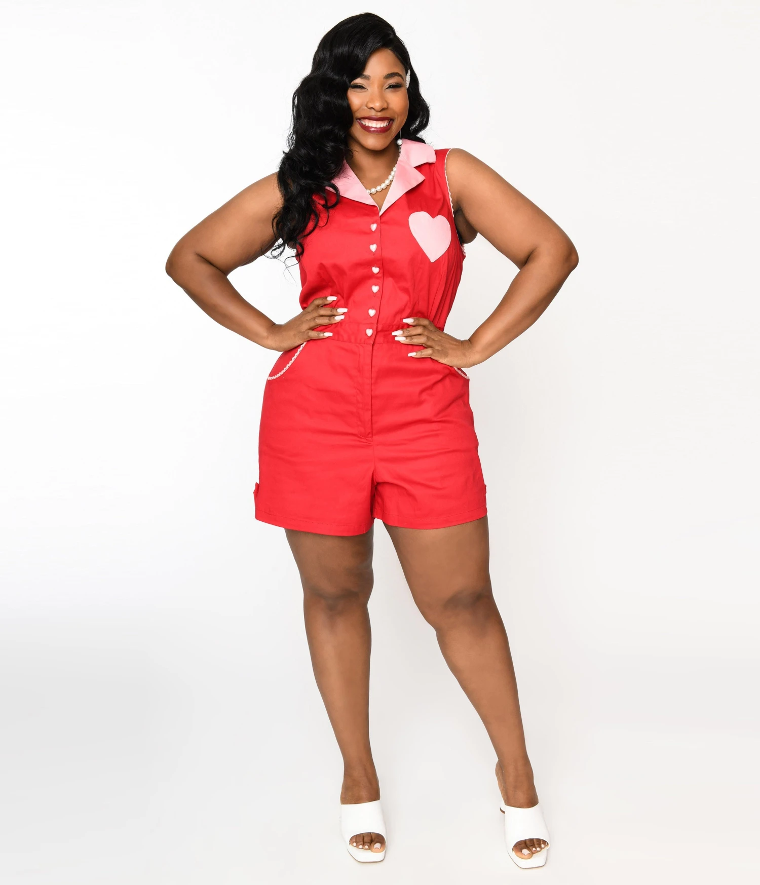 Unique Vintage Plus Size Red & Pink Heart Shelby Romper 1 Unique Vintage Plus Size Red & Pink Heart Shelby Romper