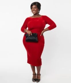 Unique Vintage Plus Size Red Velvet Sleeved Mod Wiggle Dress -Pleaser Clothing Store unique vintage plus size red velvet sleeved mod wiggle dress 124065